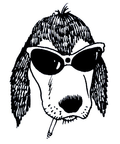 Black-ink hispanic smoking dog in sun glasses tattoo design