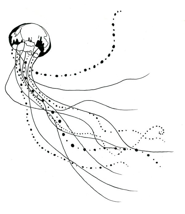 Black-ink jellyfish with potted tentacles tattoo design by Random Commentary