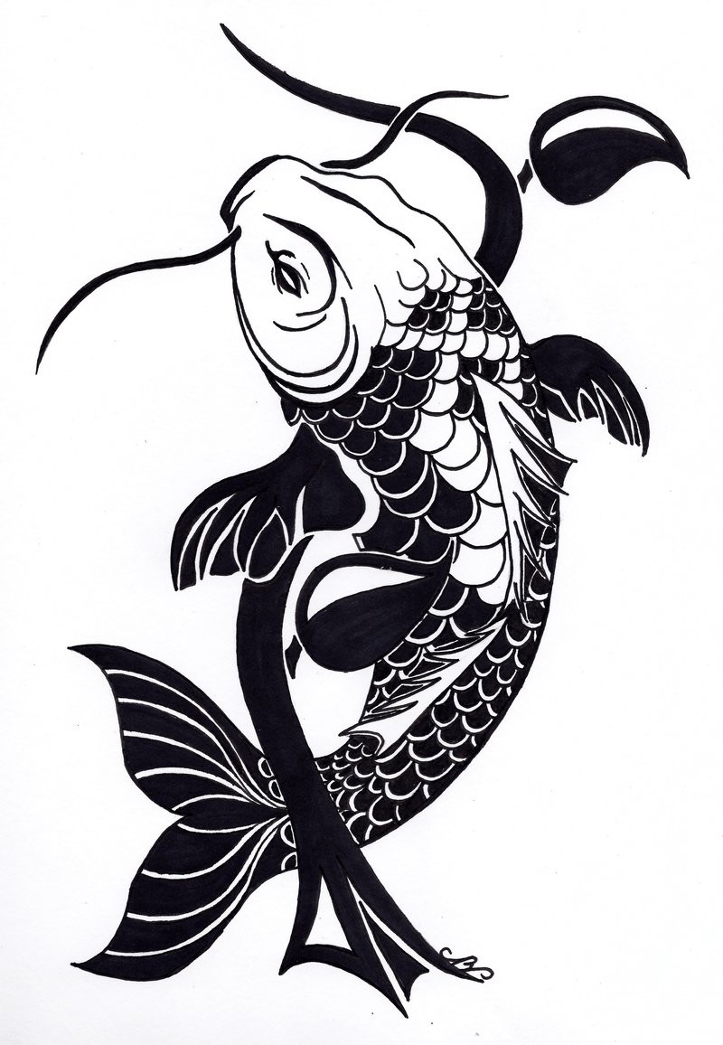 Black-ink koi fish and herbal stem tattoo design