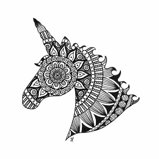 Black-ink mandala-patterned unicorn head in profile tattoo design