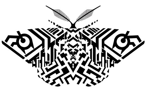 Black-ink moth with geometric-pattern tattoo design