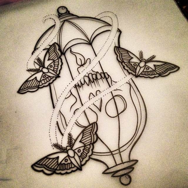 Black-ink moths flying over street lamp with skull and shining candle inside tattoo design
