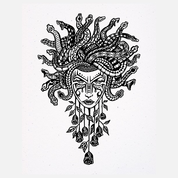 Black-ink ornamented medusa gorgona head with reversed rose stems tattoo design