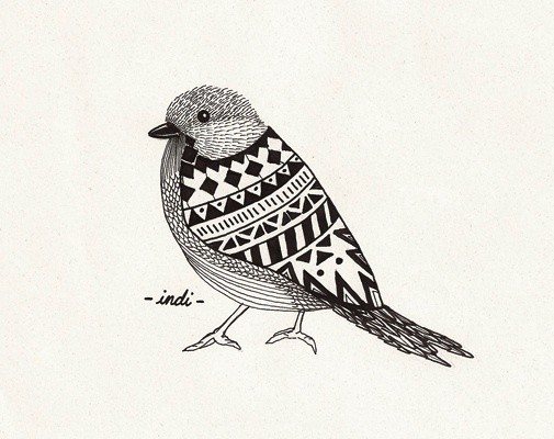 Black-ink ornamented sparrow tattoo design