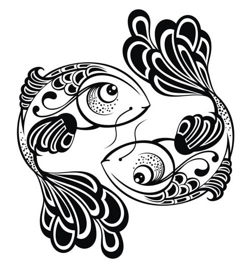 Black-ink ornate fish couple tattoo design