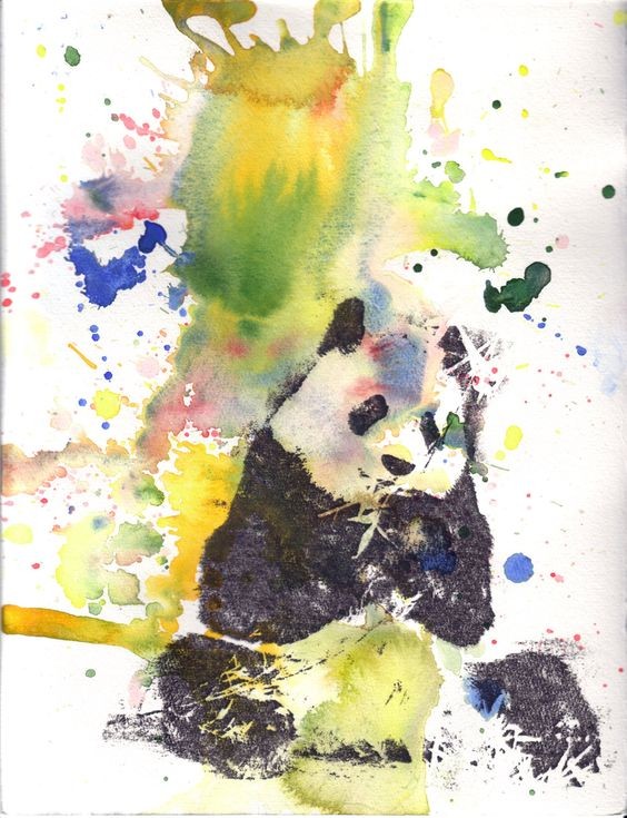 Black-ink panda with montly watercolor background tattoo design