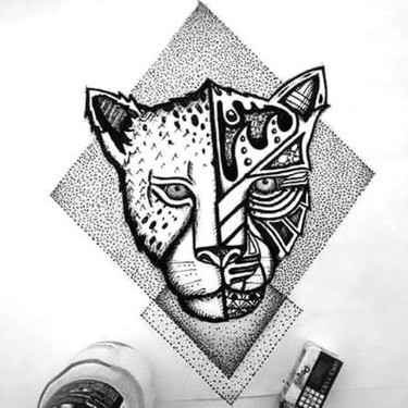 Black-ink patterned cheetah on dotwork rhombus background tattoo design