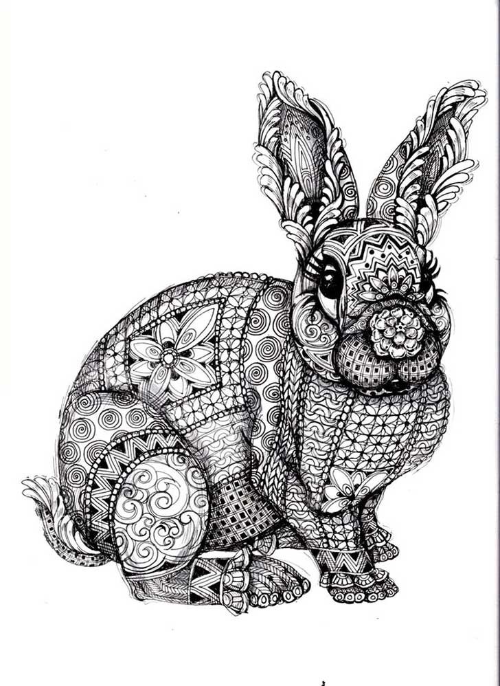 Black-ink patterned rabbit in full growth tattoo design