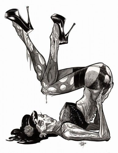 Black-ink pin up zombie girl lying on the back tattoo design