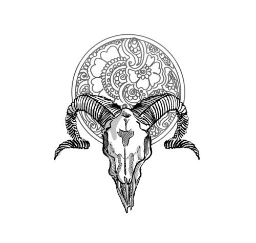 Black-ink ram skull and grey-ink mandala tattoo design