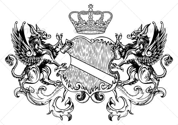 Tinta preta refletida grifo protegendo um brasão de armas e um desenho de tatuagem de coroa