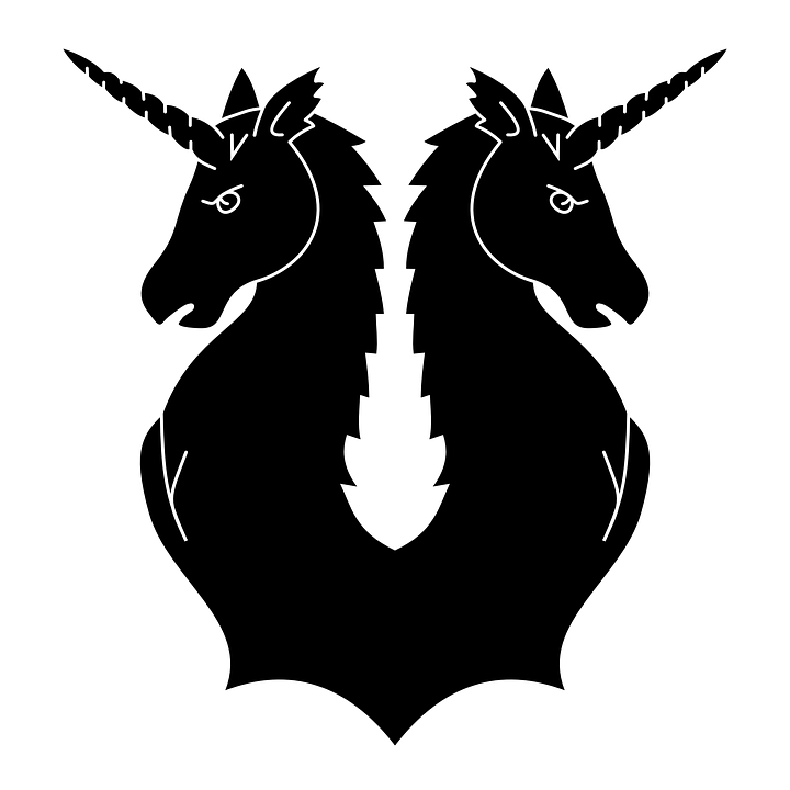 Black-ink reflected unicorn with strict look tattoo design