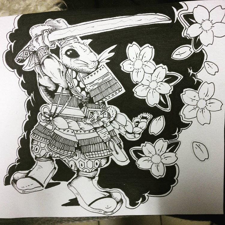 Black-ink samurai rabbit and cherry blossom on full black background tattoo design