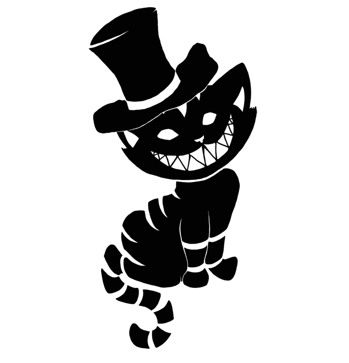 Black-ink smiling cheshire cat in hat tattoo design