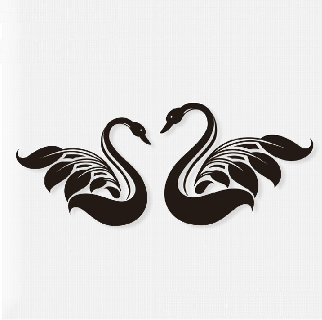 Black-ink swan couple with leaf-decorated wings tattoo design