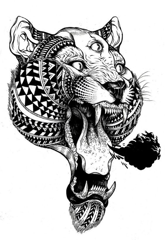 Black-ink three-eyed leopard breathing with black smoke tattoo design