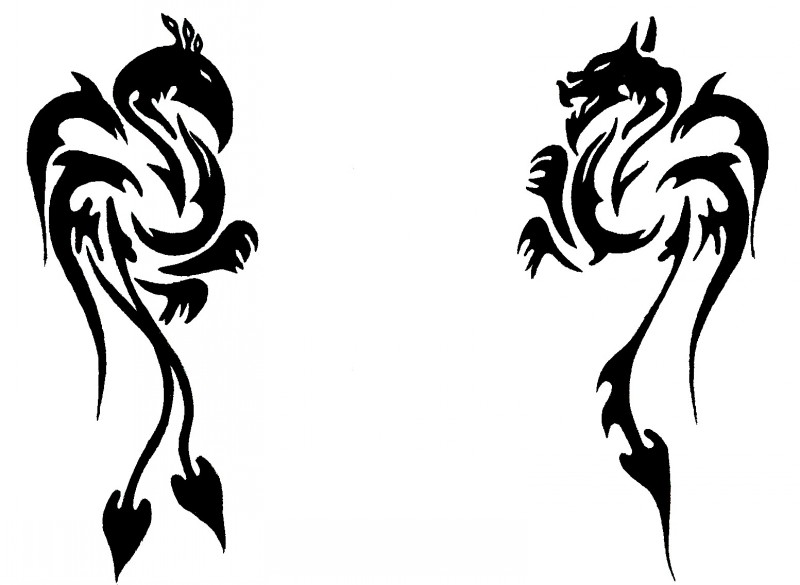 Black-ink tribal phoenix and dragon silhouettes tattoo design by Fluffy The Artist
