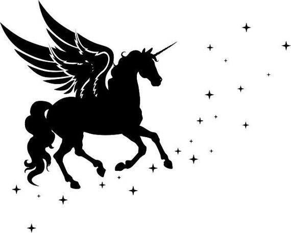 Black-ink unicorn pegasus flying among the stars tattoo design