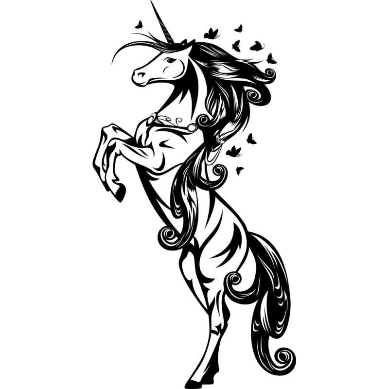 Black-ink unicorn standing on hidnquarters with flying butterflies tattoo design