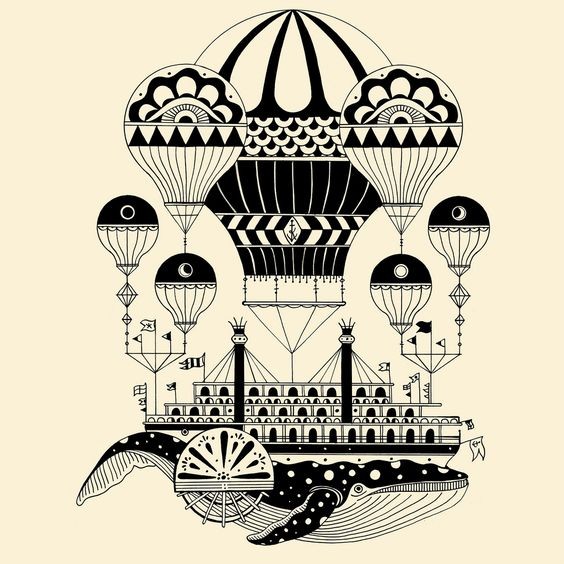 Black-ink whale ship with ornate flying balloons tattoo design