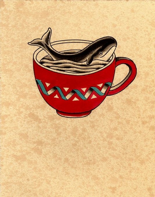 Black-ink whale washing in red cup tattoo design