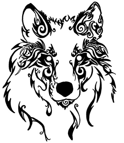 Black-ink wolf in curls tattoo design