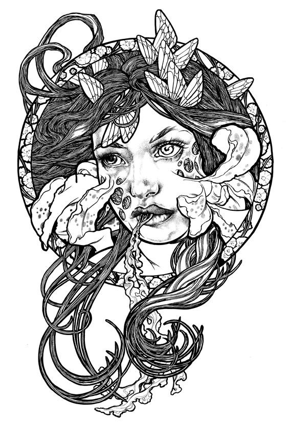 Black-ink zombie girl with lily cheeks tattoo design