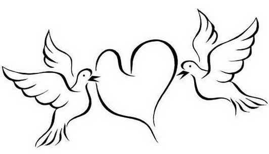 Black-line dove couple flying around heart tattoo design