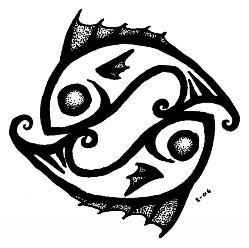 Black-line fish couple with dotwork flippers tattoo design by Slade Side
