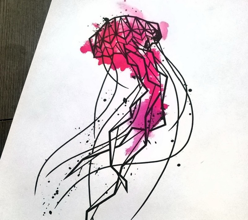 Black-line geometric jellyfish on bright pink watercolor background tattoo design