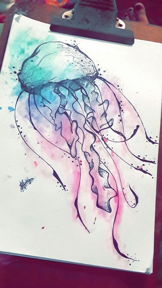 Black-line jellyfish painted with black-and-rose watercolors tattoo design