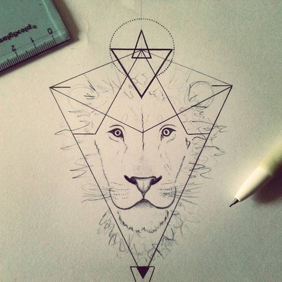 Black-line lion in geometric drawing tattoo design