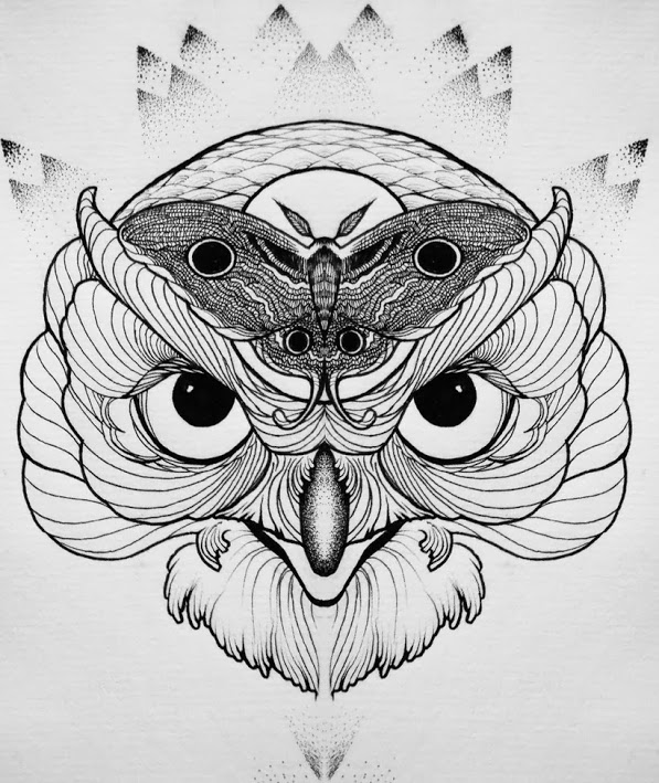Black-line owl with a butterfly on forehead tattoo design