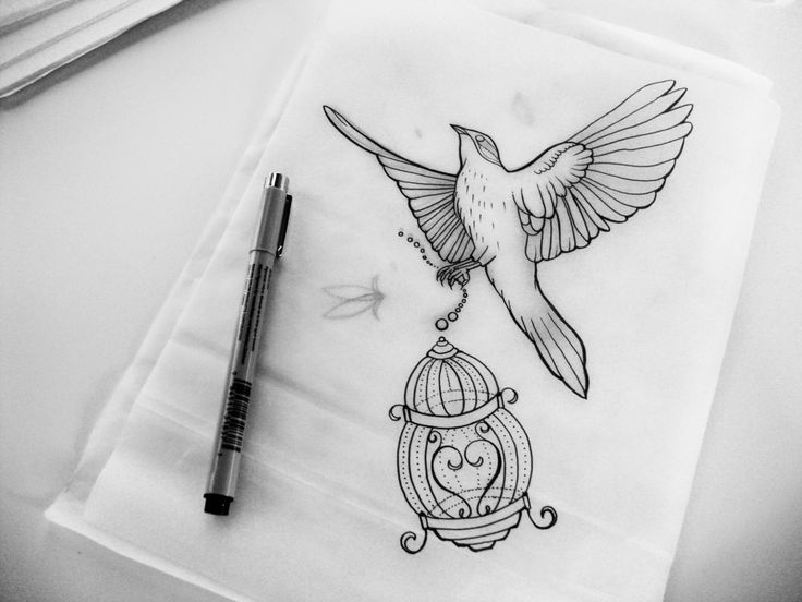Black-pen bird keeping a cage tattoo design