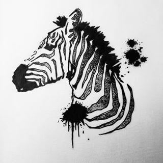 Black-striped zebra head with ink splashes tattoo design