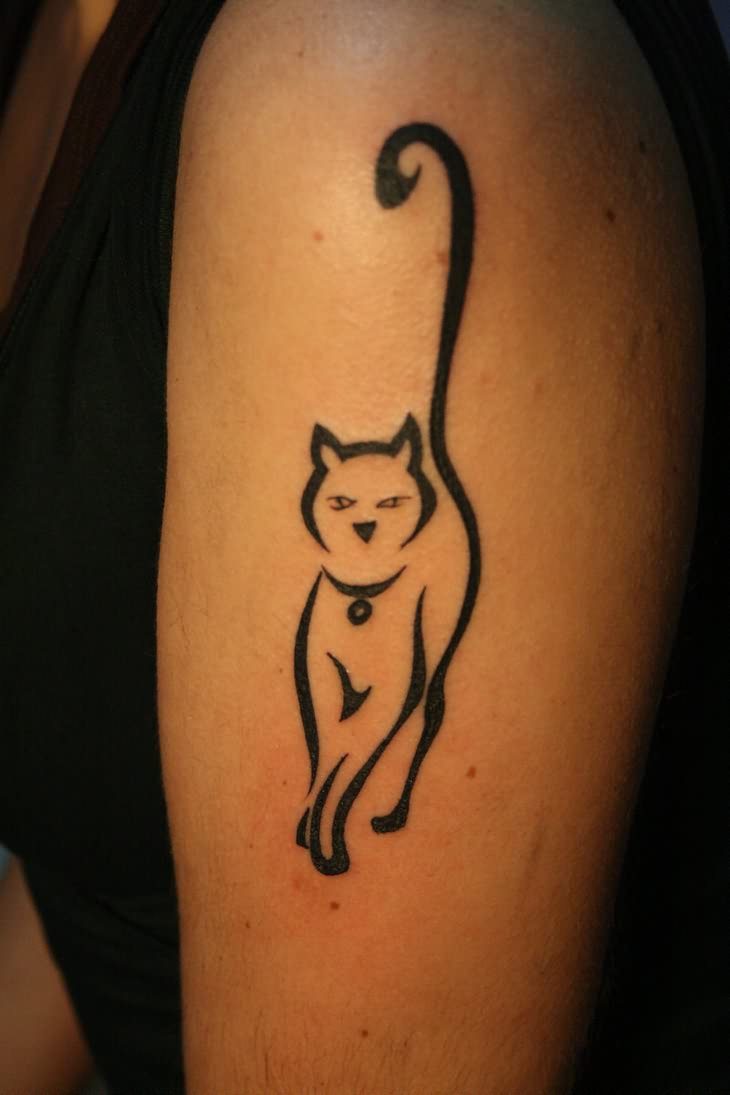 Minimalistic black cat arm tattoo