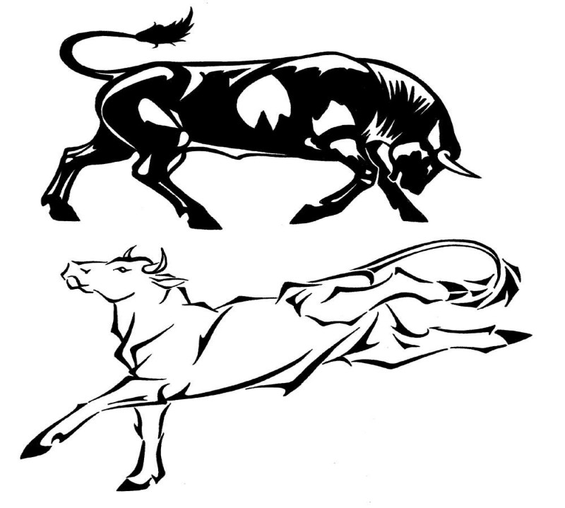 Black and white jumping bull couple tattoo design by Milo Wildcat