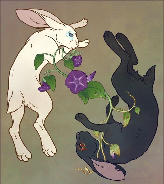 Black and white yin yang hare couple with violet flower tattoo design