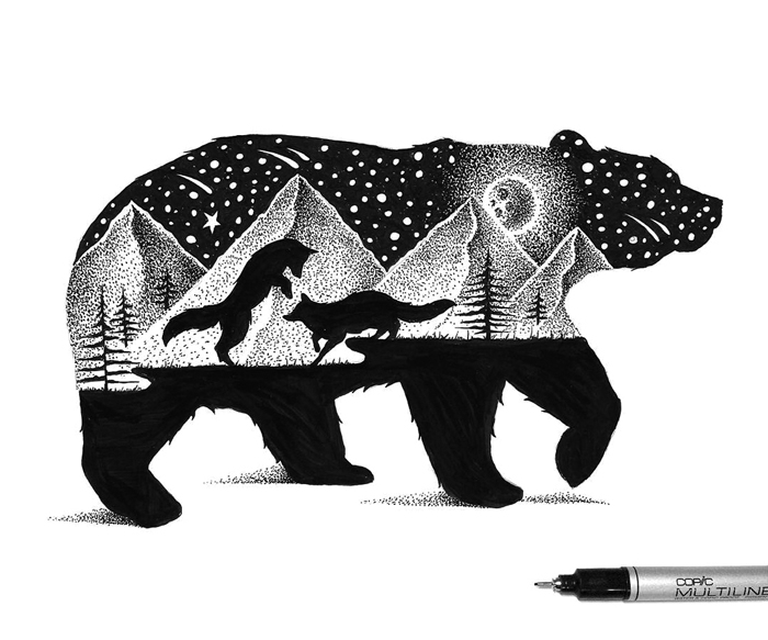 Black bear with playing foxes body view tattoo design