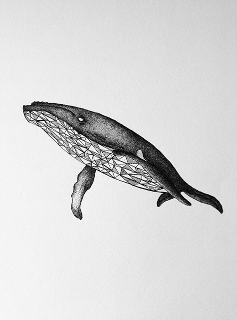 Black blind whale with geometric belly tattoo design