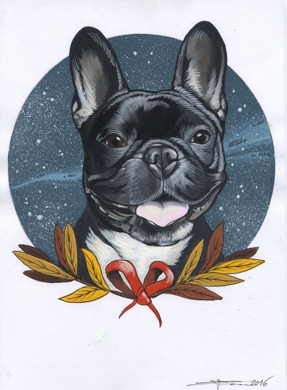 Black bulldog with autmn leaves on space background tattoo design