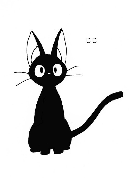 Black cartoon googled cat with japanese hieroglyphs tattoo design