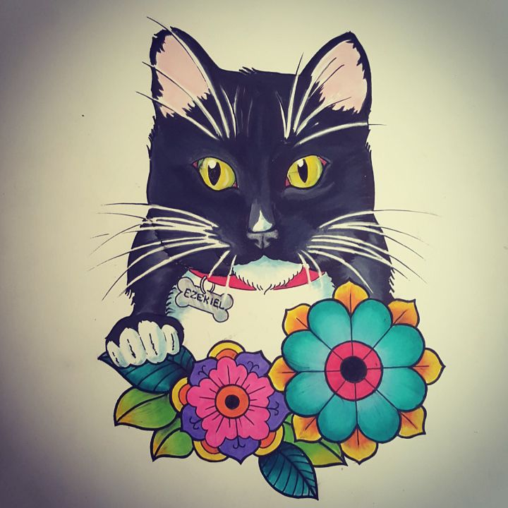 Black cat with old school flowers tattoo design by Mcginnis Fine Arts
