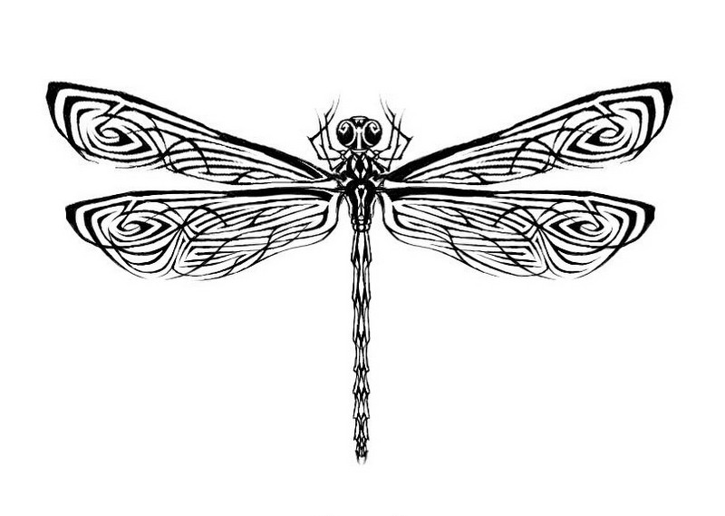 Black celtic-patterned dragonfly tattoo design