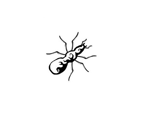 Black curl-printed ant tattoo design by Koonsta