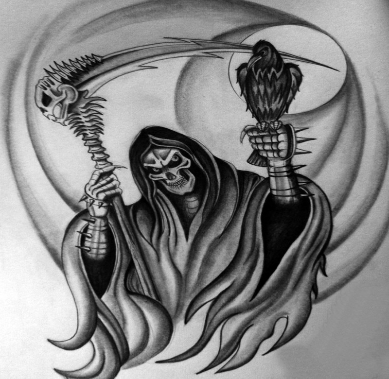 Black death kepping a scythe and a raven in his spine-armoured hands tattoo design
