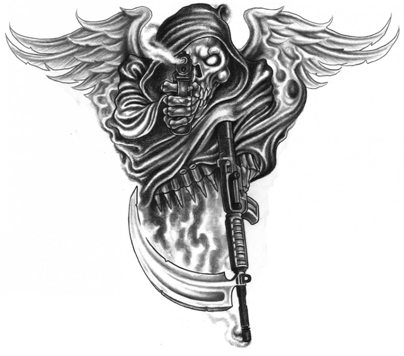 Black death warrior with angel wings and guns tattoo design