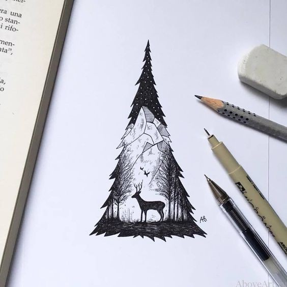 Black deer standing along in forest in fur-tree countour tattoo design