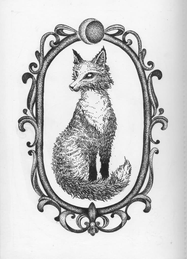 Black dotwork fox in iron frame tattoo design