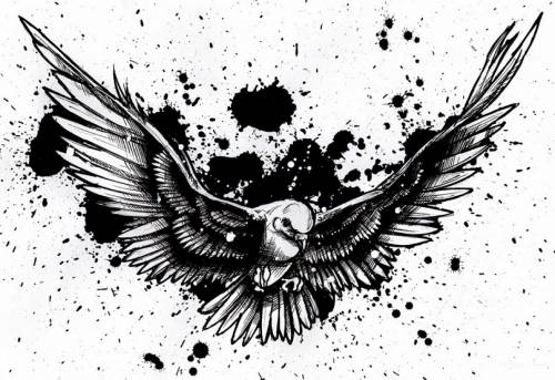 Black dove flying forward on black splashes tattoo design